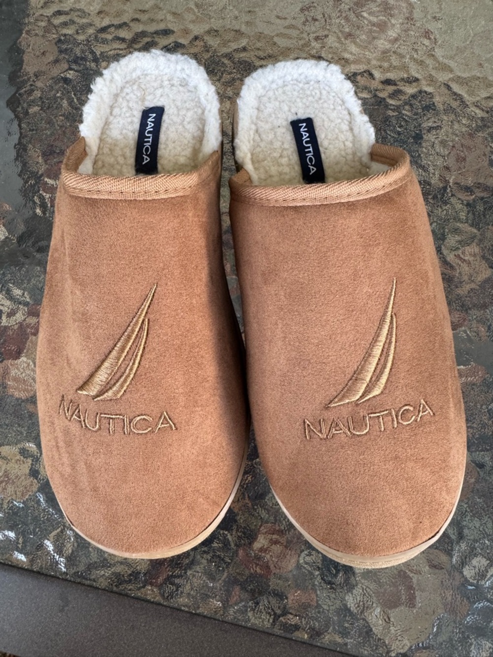 NAUTICA SLIPPERS SUEDE Mens Size 9 Sherpa Lined Brown Slide Backless